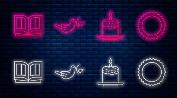 用橄榄枝、复活节蛋糕和蜡烛、圣经和太阳等装饰的和平鸽。砖墙上发光的霓虹灯图标。向量图片下载