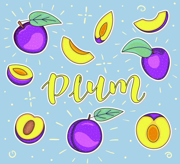 梅果和字母…整体和部分。矢量插图。有颜色的水果，孤立在蓝色背景上。图片下载