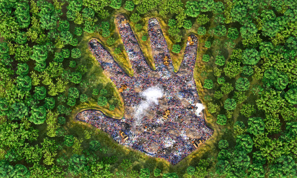 污染的概念。地上的垃圾堆成人手的形状。三维演示图片下载