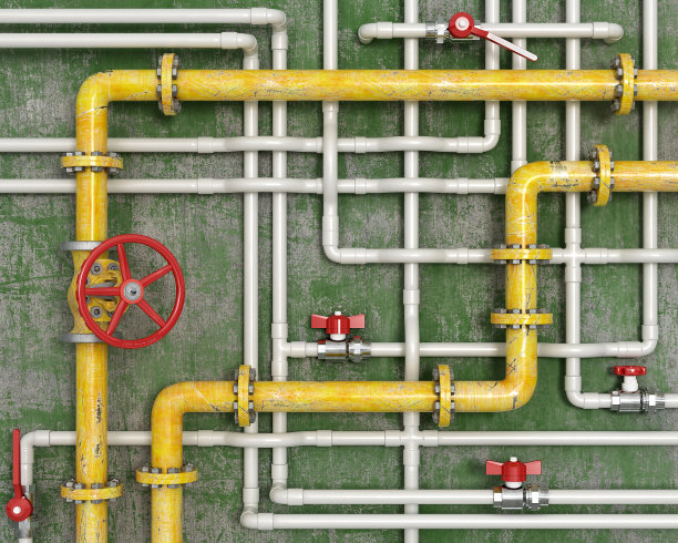 黄色金属和白色pvc管和红色阀门前墙，3d插图图片下载