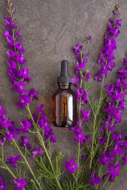 玻璃瓶的薰衣草精油在纹理的灰色背景。天然材料。图片下载