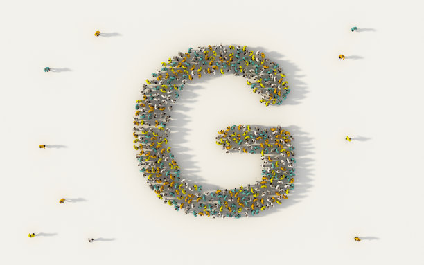 一大群人组成字母G，大写英语字母文本字符在社交媒体和社区概念上的白色背景。3d符号符号人群插图从上面图片下载