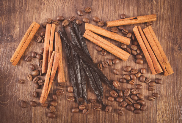 复古的照片。芳香的香草，肉桂棒和咖啡颗粒图片下载