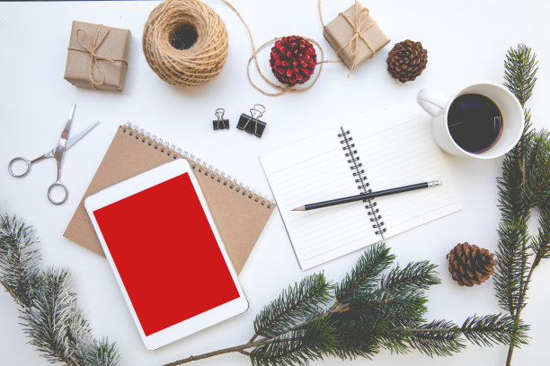 圣诞书桌桌子空间布局设计风格背景节日有平板红孤立书礼物绳松图片下载