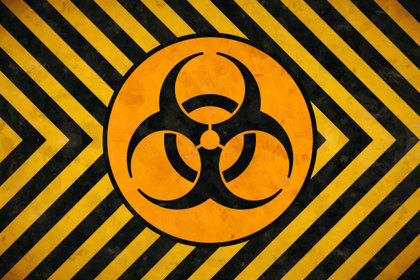 生物危害标志设计剪影在一个圆圈内的黑色和橙色黄色和黑色警告条纹图案背景图片下载
