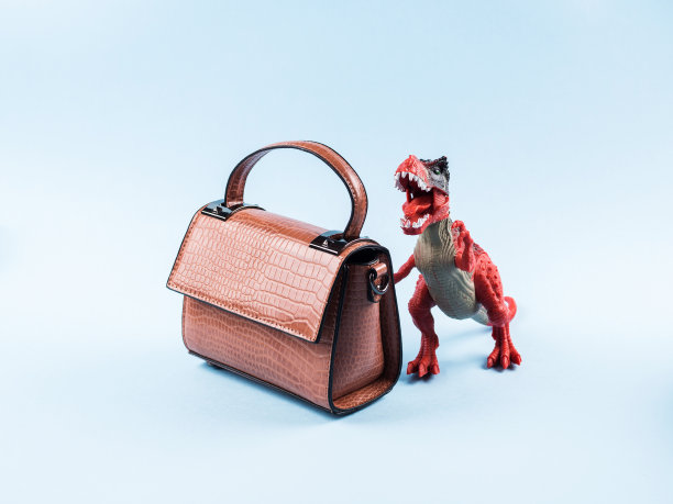 愤怒的恐龙玩具和女士手提包图片下载