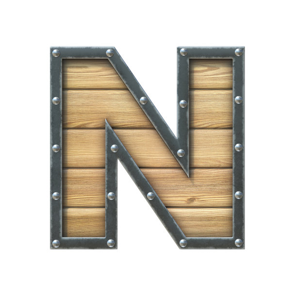 字体由木板制成，金属框架和铆钉，3d渲染字母N图片下载