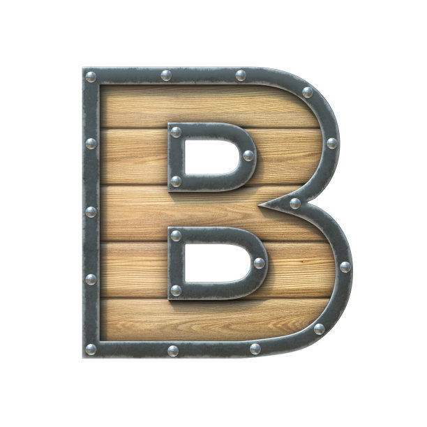字体由木板制成，金属框架和铆钉，3d渲染字母B图片下载