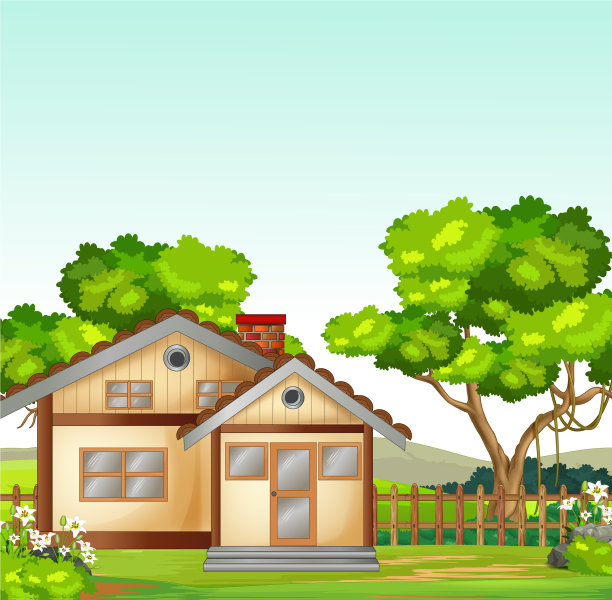 棕色的木头房子在草地卡通图片下载