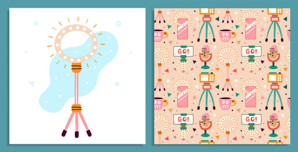 博客、视频博客。拍摄项目。相机，智能手机，三脚架，闪电，自拍，溪流，杯子。平面彩色矢量无缝图案，纹理，背景，背景孤立的米色背景。图片下载