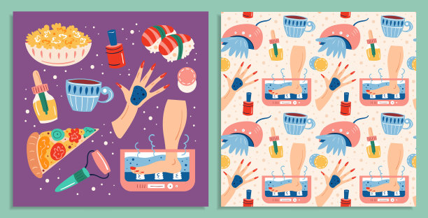 家庭spa的夜晚。美丽的过程。皮肤护发保健。浴室,淋浴。化妆品，食品，水疗按摩，饮料。平面手绘矢量插图，集，贴纸。无缝图案，纹理，背面。图片下载