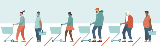 超市里排队。人们推着购物车，戴着医用防护口罩，保持安全距离。隔离新型冠状病毒2019-nCoV在商店社交距离疫情预防措施。图片下载