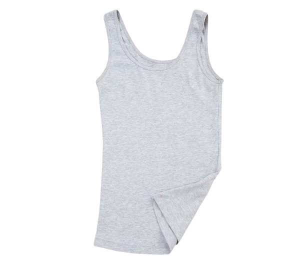 灰色背心，近距离的空白t恤在白色的背景，无袖t恤的顶部视图，灰色棉无袖衬衫孤立在白色图片下载