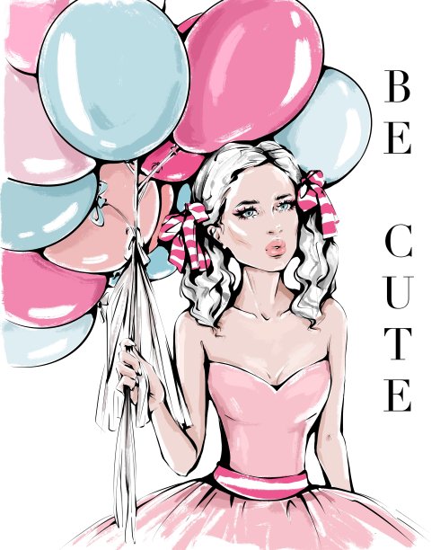 手画美丽的年轻女子拿着彩色气球。头发上戴着蝴蝶结的漂亮女孩。图片下载