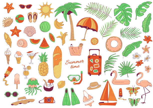 大型设置的夏季海滩假期和海上旅游图片下载