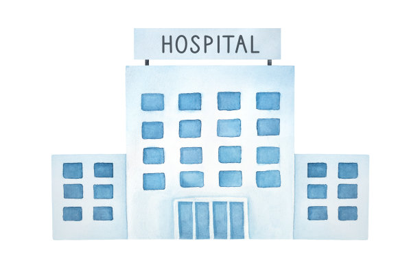 白色多层公立医院建筑，蓝色门窗水彩画。手绘水彩插图，裁剪剪辑艺术元素的设计，卡片，横幅，印刷，海报。图片下载