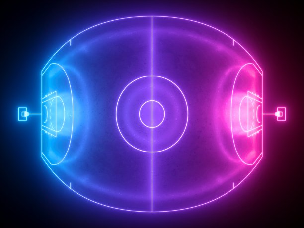 3d渲染，霓虹篮球场方案鱼眼俯视图，虚拟运动操场，运动游戏，蓝紫粉色发光线。孤立在黑色背景上。图片下载