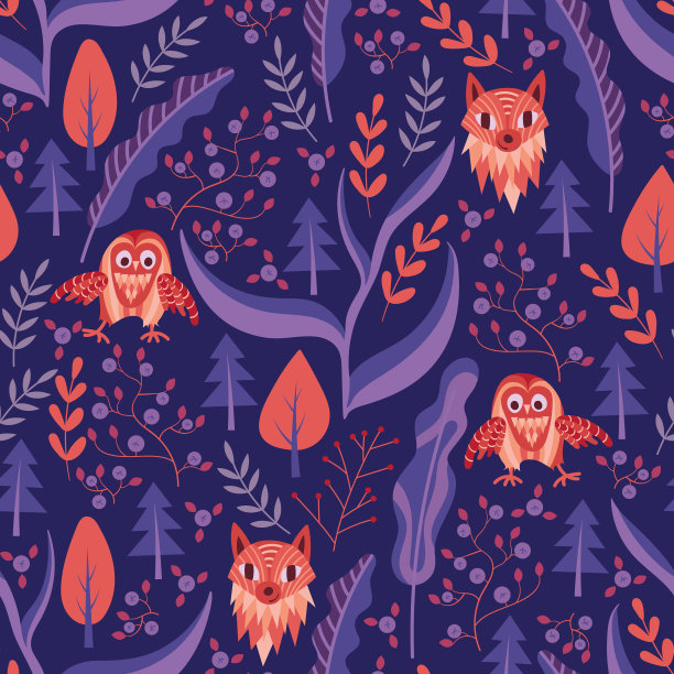 林地无缝图案与可爱的猫头鹰和狐狸图片下载