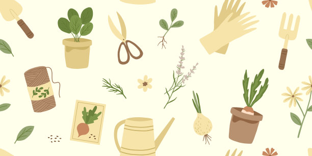 与园艺工具无缝搭配，园艺花草。后院爱好器材横幅。图片下载