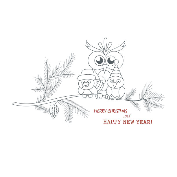 两只小鸟和一只大猫头鹰坐在树枝上。一棵圣诞树的树枝又弹了起来。图片下载