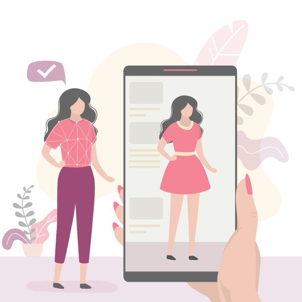 手持现代智能手机。女性角色在网上试衣店试穿衣服。网上购物，网上商店图片下载