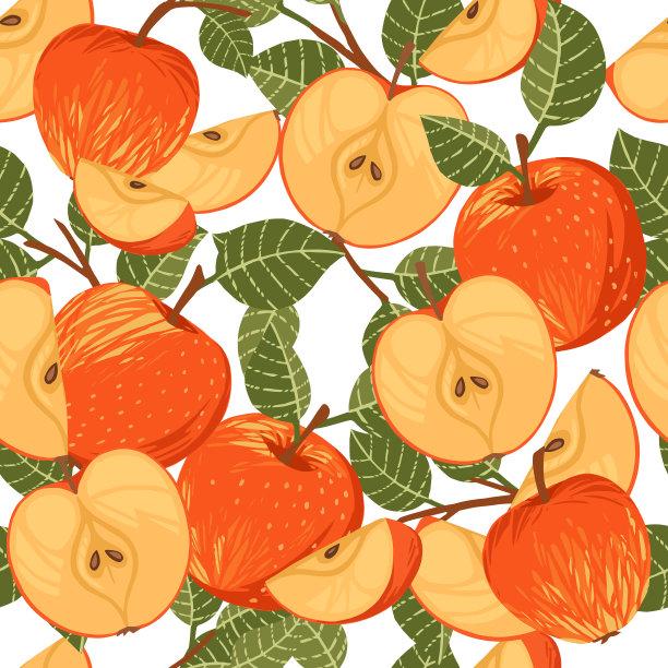 苹果的无缝模式全切成两半和切片与绿色的叶子平面矢量插图在白色的背景与棕色的树枝图片下载