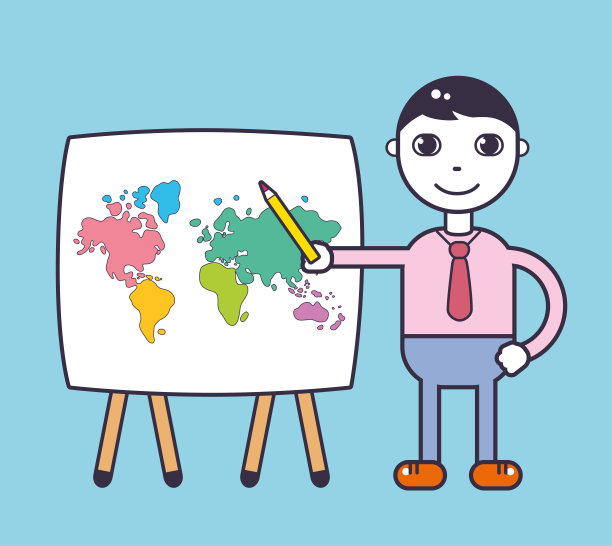 在带有世界地图的黑板上进行展示的男老师或男学生图片下载