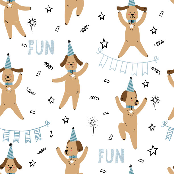 无缝图案与滑稽的狗在节日帽子。图片下载