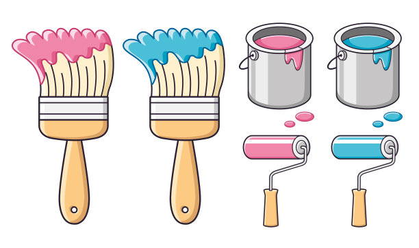 粉色和蓝色油漆刷，滚筒和桶罐。图片下载
