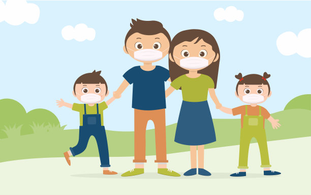 这家人正在保护儿童免受周围病毒的感染，并戴上口罩图片下载