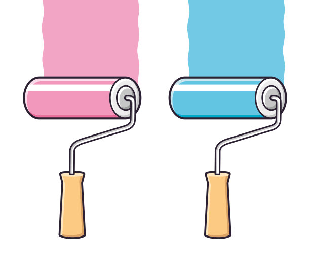 粉色和蓝色的油漆滚筒刷一笔一划图片下载