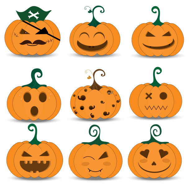 为万圣节准备南瓜。万圣节快乐，矢量插图，脸显示，风格，各种面孔。图片下载