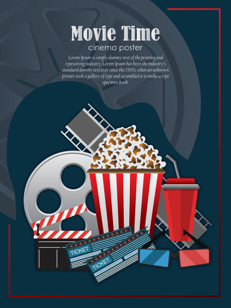 电影时间矢量插图。用爆米花、拍板、3d眼镜和幻灯片组成。为电影院设计的电影院横幅。图片下载