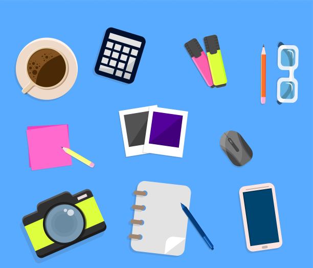 办公桌平面矢量插图与笔记本电脑和其他设备图片下载