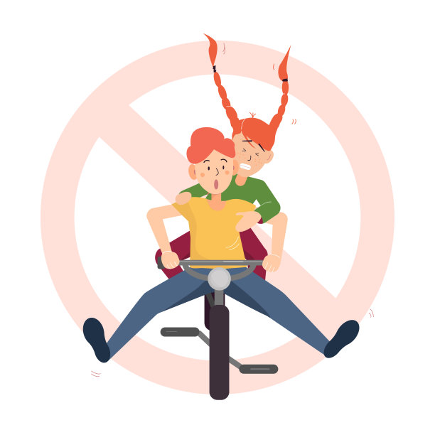 两名儿童——男孩和女孩骑在一辆自行车上的道路上停止或禁止骑行标志的背景。青少年和儿童自行车规则和道路交通规则的概念。图片下载