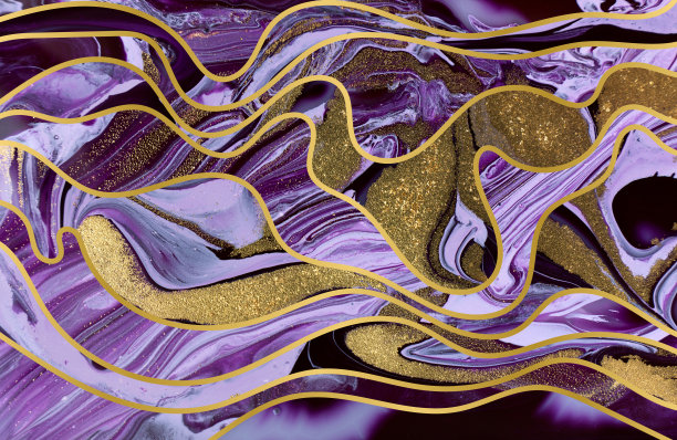 混合紫色油墨背景与金色闪光。抽象的油漆纹理。图片下载