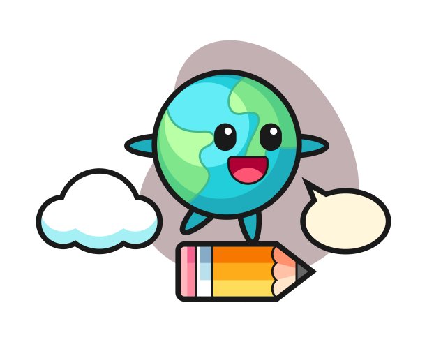 地球卡通骑在一只巨大的铅笔上图片下载