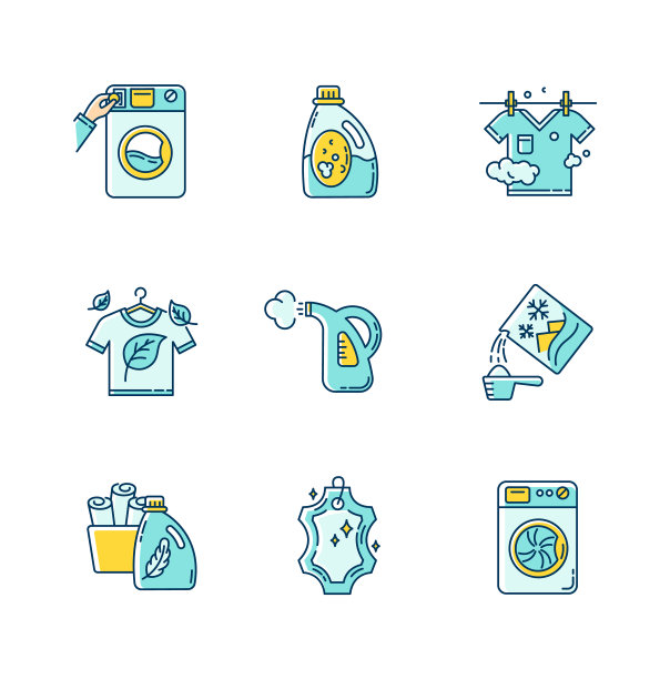 洗衣类型蓝色和黄色RGB颜色图标设置。硬币洗涤服务，洗衣机，蒸汽和生态干洗。洗衣粉和织物护理剂。孤立的矢量插图图片下载