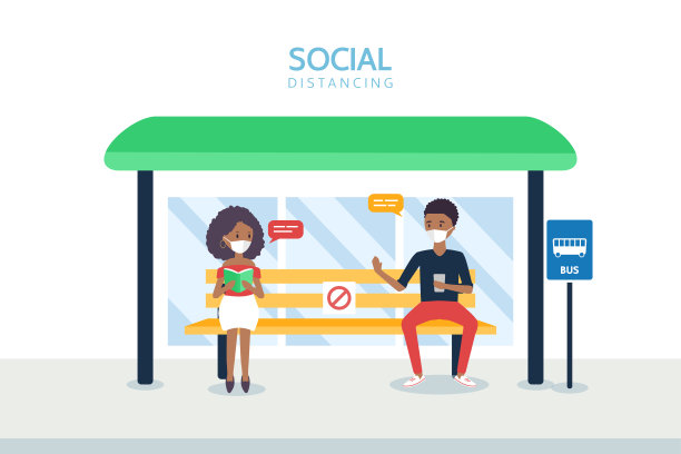社会距离概念插图显示的人在一个公共汽车站图片下载