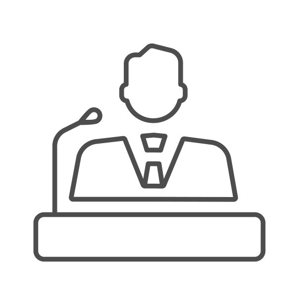 演讲者细线图标，商业交流概念，演讲者在白色背景上的标志，演讲者从论坛图标在大纲风格的移动概念和网页设计。矢量图形。图片下载