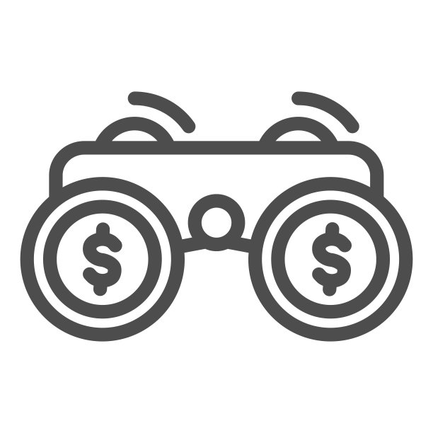 金融解决方案双筒望远镜线图标，业务战略概念，投资决策签署在白色背景，双筒望远镜与美元图标在轮廓风格的移动。矢量图形。图片下载
