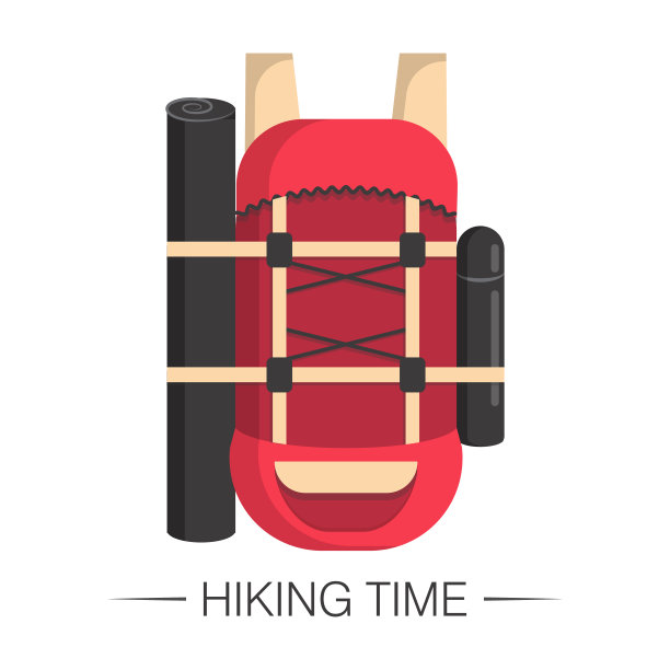 大型徒步旅行背包在平面卡通风格。带露营垫和保温瓶的旅游背包图片下载