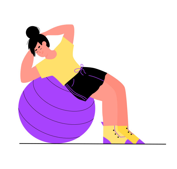 运动女性健身球平面卡通矢量插图孤立。图片下载