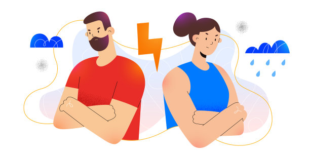 年轻夫妇争吵，女人和男人吵架，家庭冲突观念，愤怒的女孩背弃男友，破裂的关系，平面卡通插图，矢量字符图片下载