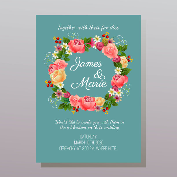 玫瑰花色婚礼请柬绿松石色图片下载