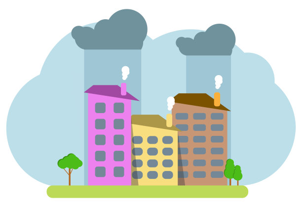 以蓝色背景和雷雨云为背景的彩色卡通房子。卡通屋构成的城市景观。矢量插图。向量。图片下载