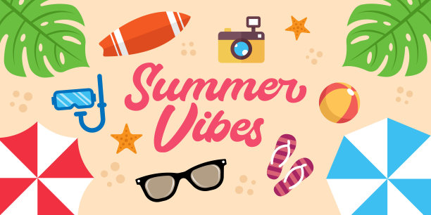 暑假海滩矢量插图。暑假矢量平面设计插画。夏季背景设计模板为横幅、宣传单、请帖、海报、宣传册。图片下载