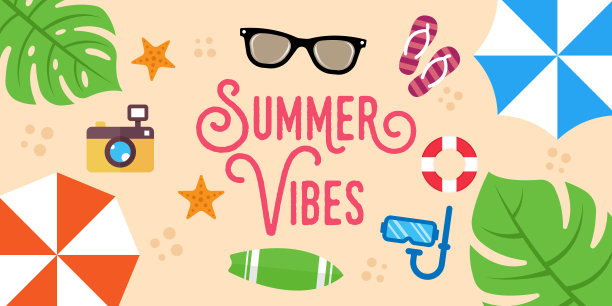 暑假海滩矢量插图。暑假矢量平面设计插画。夏季背景设计模板为横幅、宣传单、请帖、海报、宣传册。图片下载