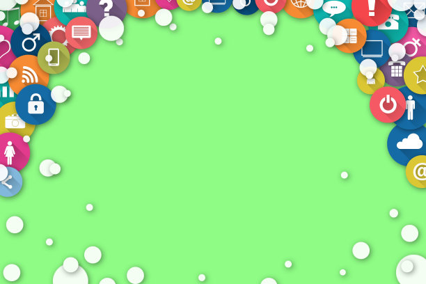 社交媒体的概念。绿色背景上的社交图标。副本的空间。通信。图片下载