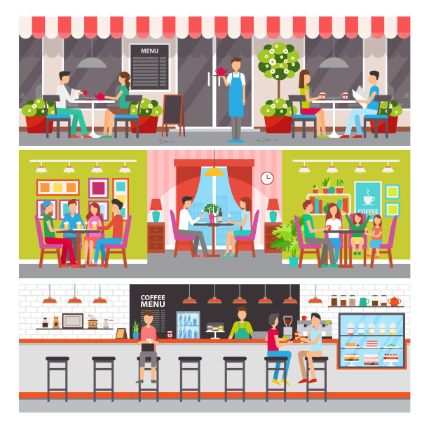 现代咖啡馆或酒吧室内和夏季露台设置素材图片